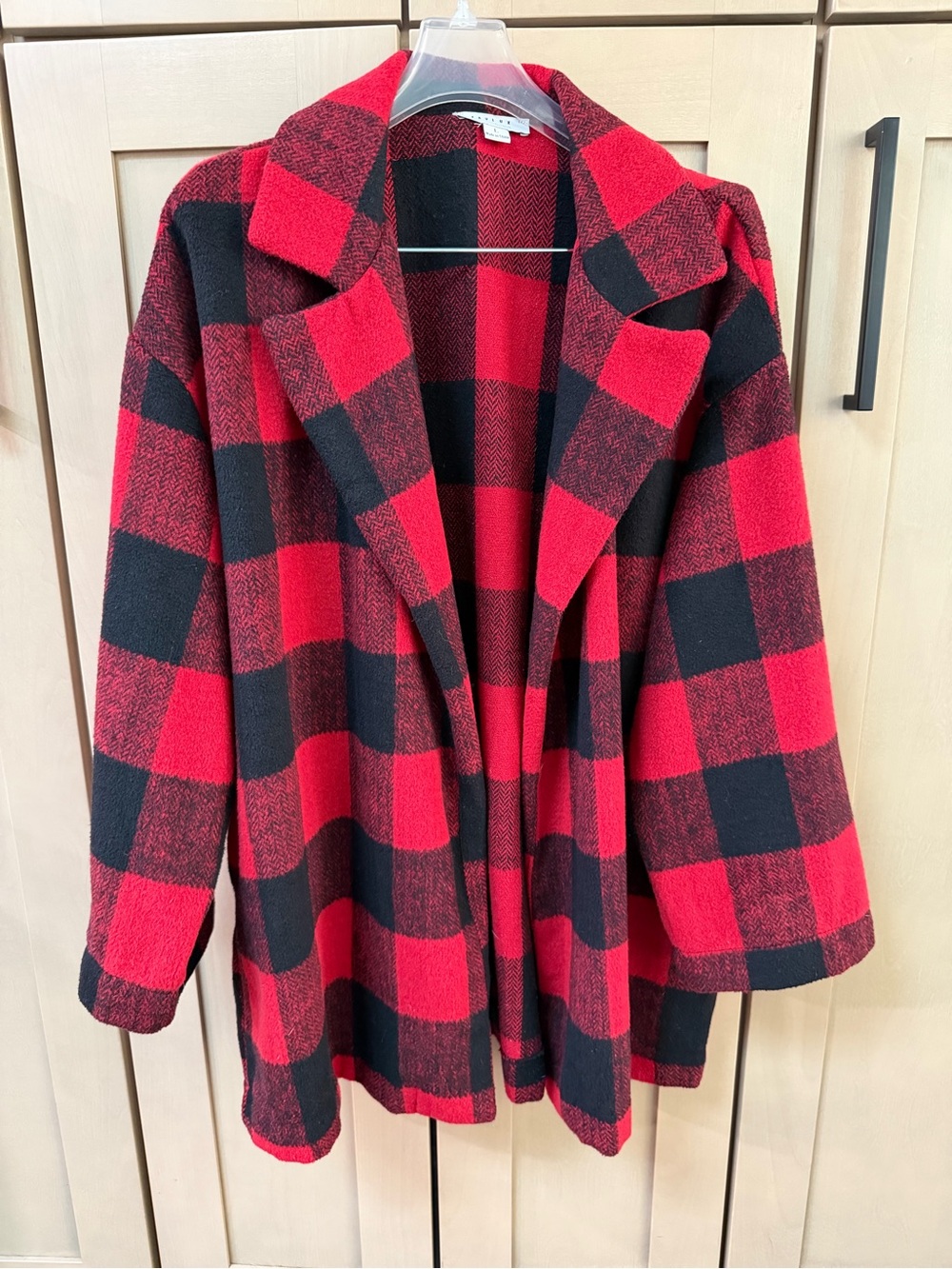 FAVLUX Red and Black Buffalo Plaid Open-Front Pea Coat